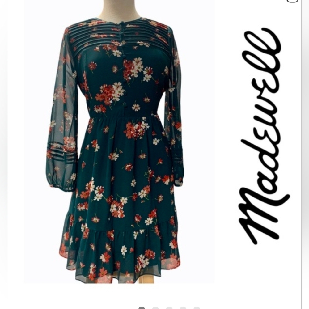 Madewell Dark Teal Floral Long-Sleeve Dress